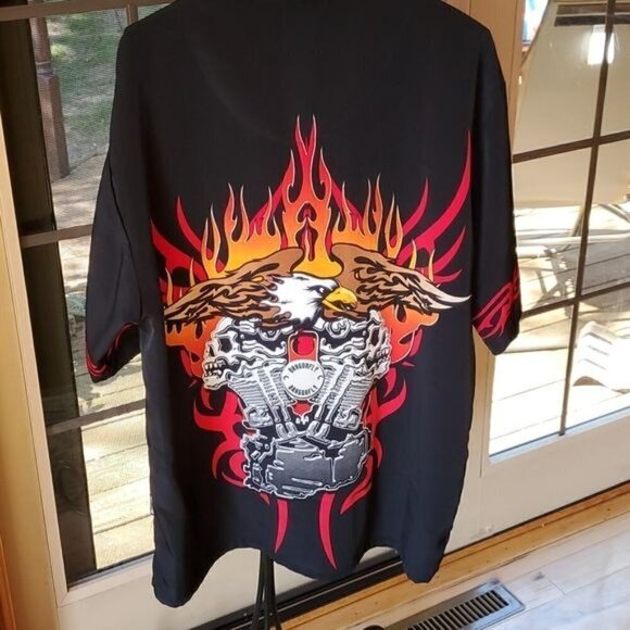 Dragonfly Clothing Co. Fire Eagle‎ Skull Motor Buttondown Short Slv Sz XL Shirt - Picture 7 of 12
